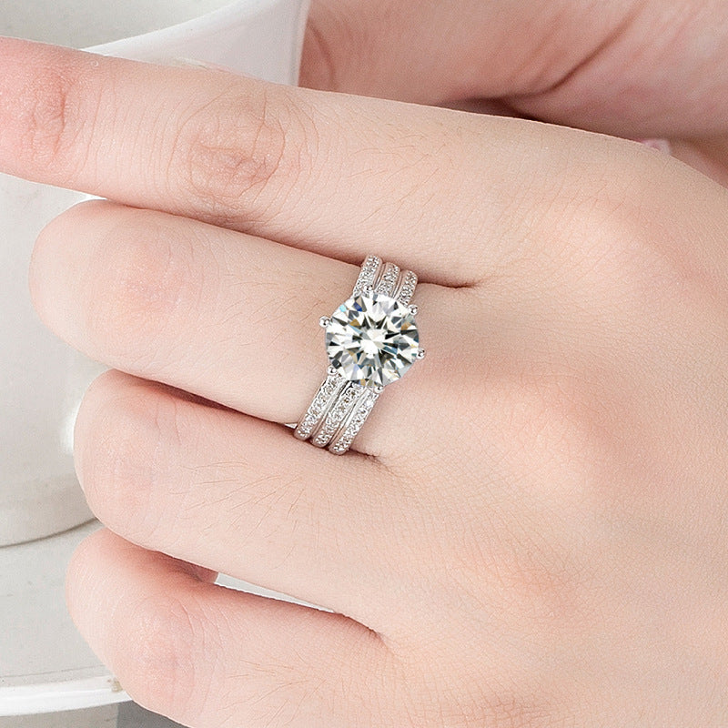 Six-Prong Center Stone Triple Row Pave Ring (Light Luxury Proposal & Engagement Band)