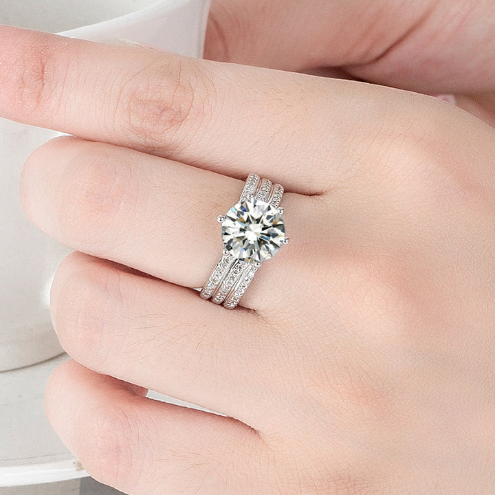Six-Prong Center Stone Triple Row Pave Ring (Light Luxury Proposal & Engagement Band)