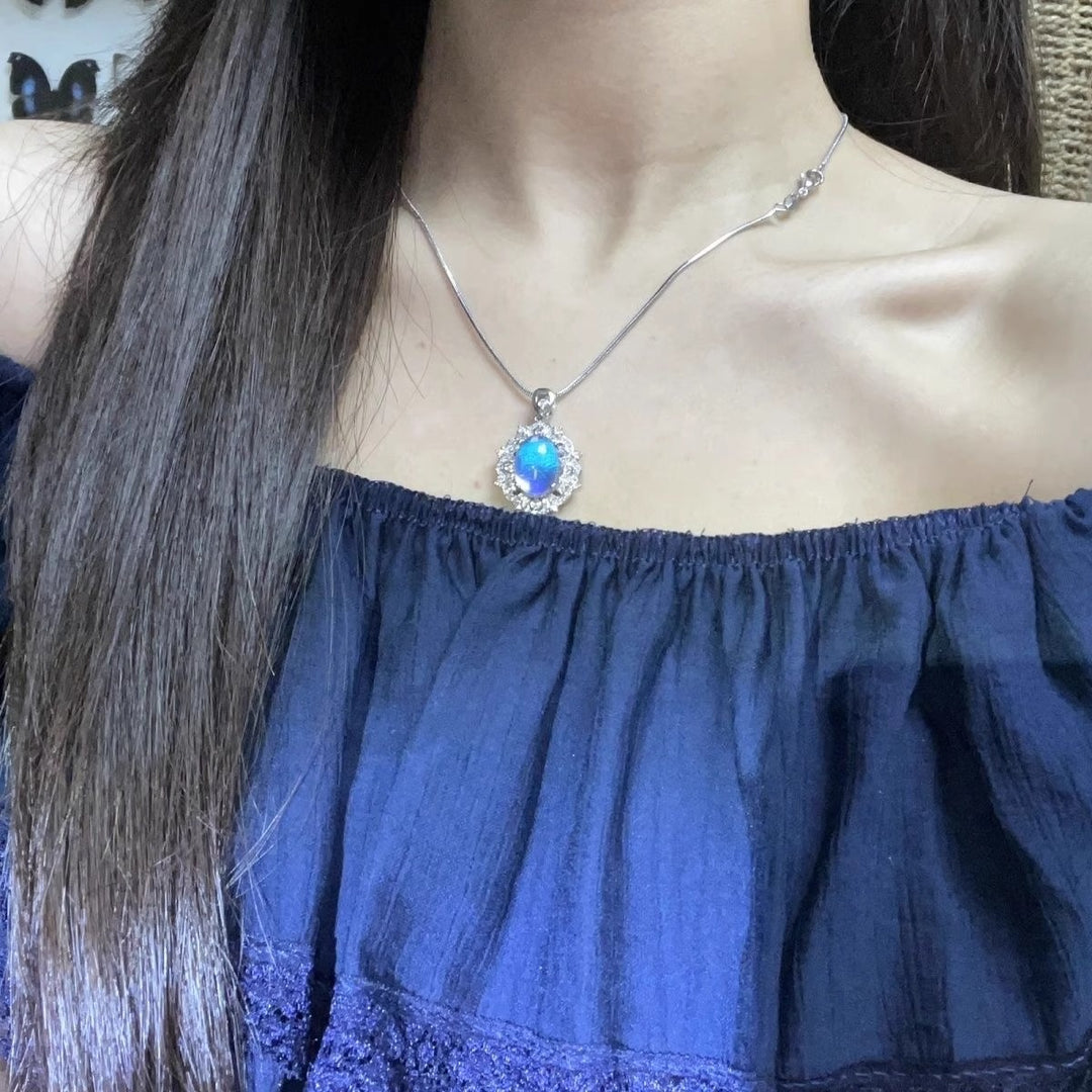 Vintage Sapphire Halo Pendant Snake Chain Necklace & Starry Blue Stone Cross Bracelet Set, Luxury Deep Blue Gem Jewelry Set