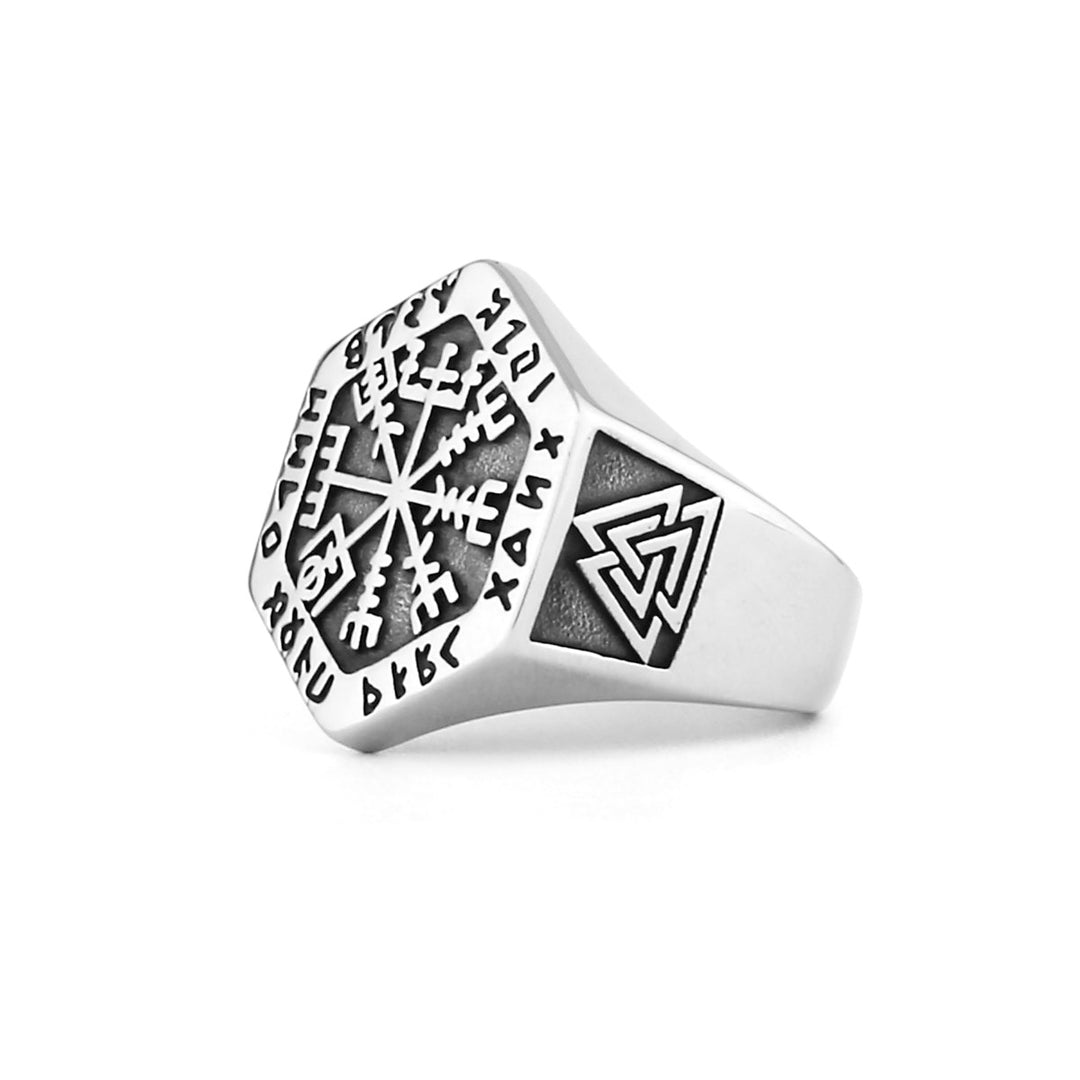 Titanium Steel Norse Rune Compass Ring (Viking Mythology Retro Style)