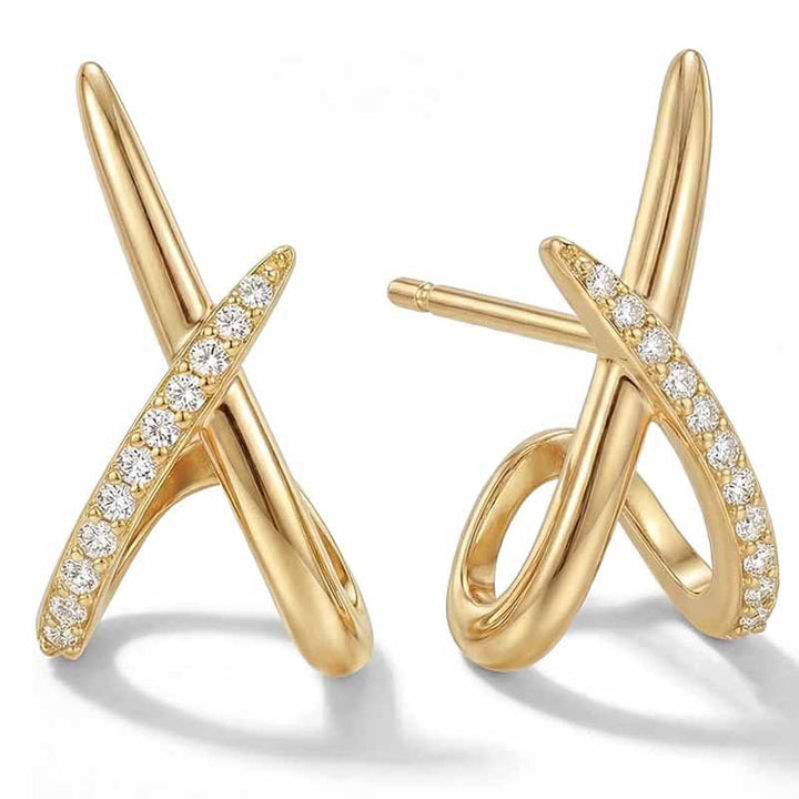 Cross X Paved Diamond Twist Stud Earrings, Minimal Intertwined Geometric Gold & Silver Elegant Daily Jewelry