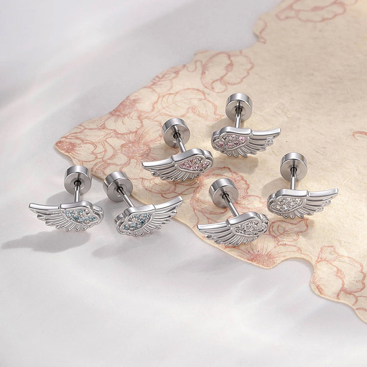 Wing Diamond Inlaid S925 Silver Stud Earrings, Delicate Angel Wing Ear Jewelry, Multi Color Available