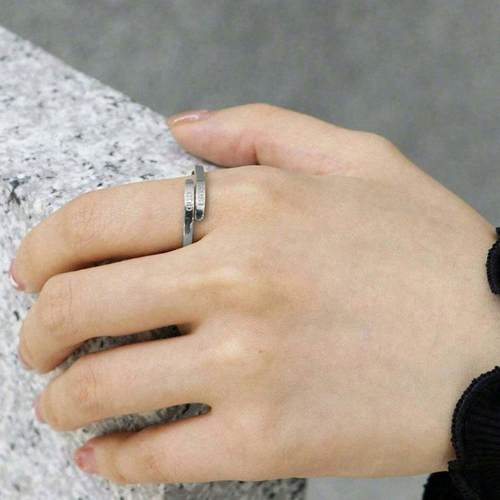 S925 Silver Engraved "TRUST GOD" Bypass Open Ring, Minimalist Adjustable Thin Band