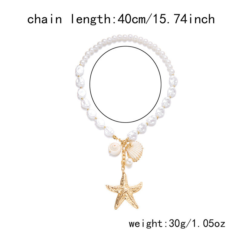 Vacation Style Baroque Pearl Starfish Choker, Large 3D Starfish & Shell Toggle Clasp Short Necklace for Women