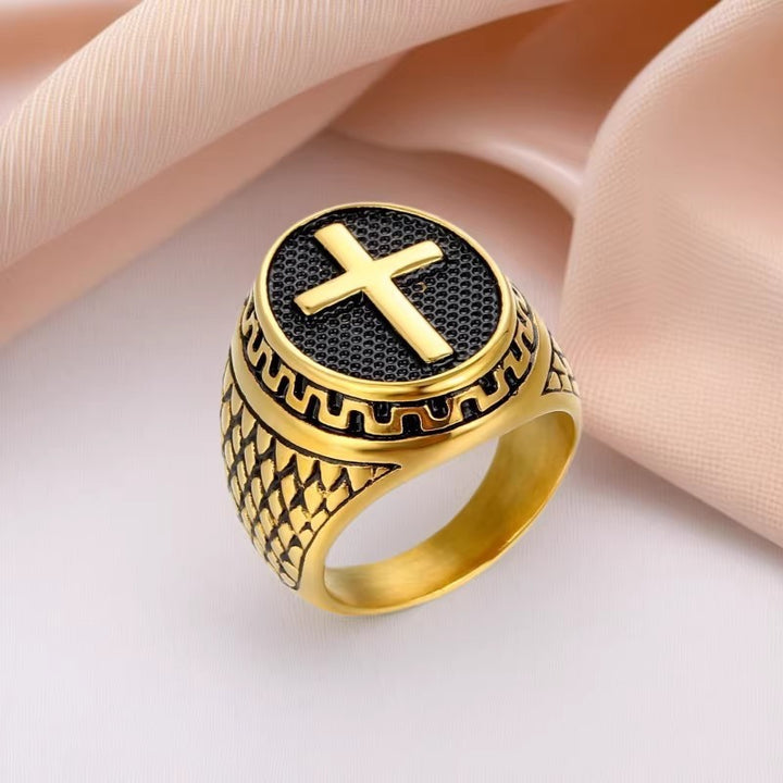 Vintage Embossed Cross Signet Ring, S925 Silver 14K Gold Plated Ethnic Pattern Faith Band For Men