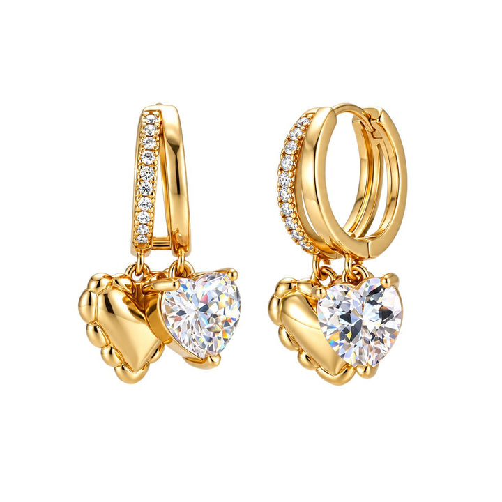 Double Heart Diamond Hoop Earrings, Luxury 3D Heart Pendant Drop Earrings, Gold Versatile Earrings
