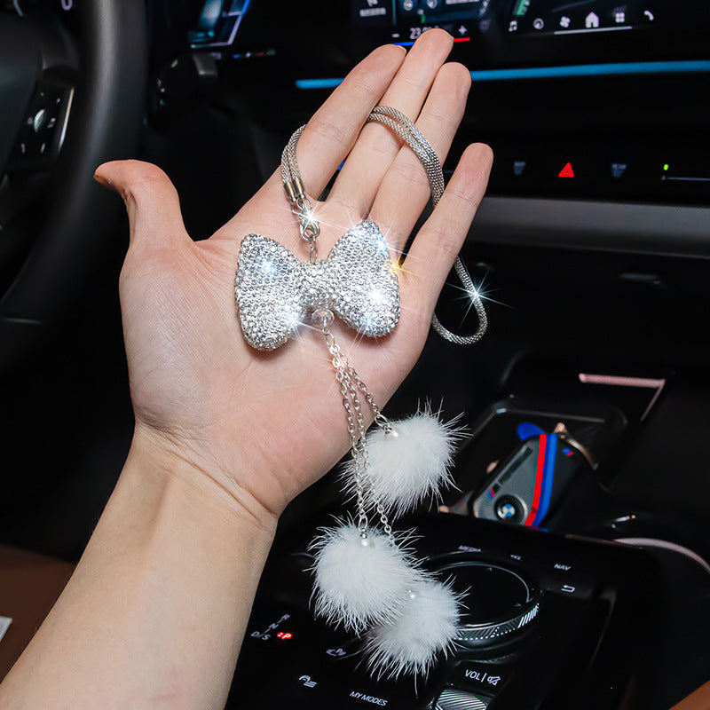 Sparkling Bow Car Hanging Ornament with Pink Fluffy Pom Charms