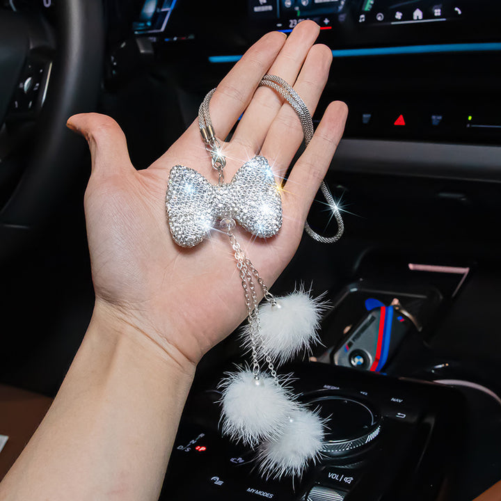 Sparkling Bow Car Hanging Ornament with Pink Fluffy Pom Charms