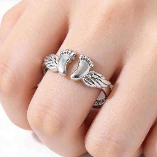 Mommy of an Angel Baby Footprint Wing Open Ring, S925 Silver Remembrance Memorial Band For Women