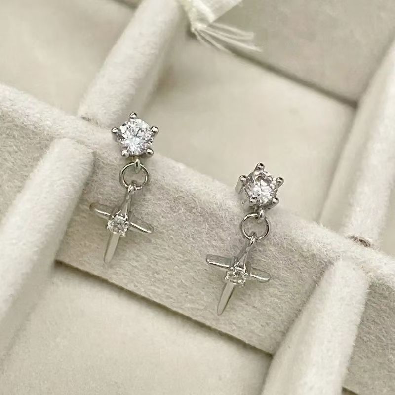 Star Drop S925 Silver Stud Earrings, Double Diamond Cross Star Dangle Earrings, Cool Luxury Unisex Earrings