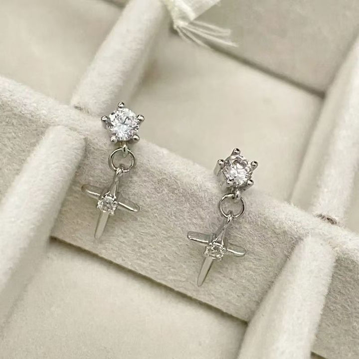 Star Drop S925 Silver Stud Earrings, Double Diamond Cross Star Dangle Earrings, Cool Luxury Unisex Earrings