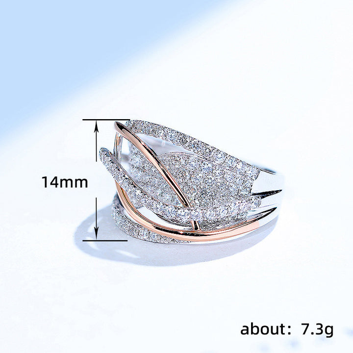 Two-Tone Intertwined Pave Diamond Wide Ring, S925 Silver Multi-Layer Crossing Statement Band For Women
