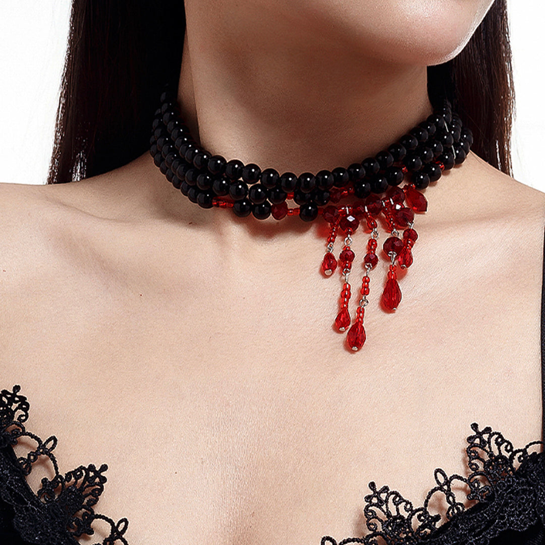 Gothic Pearl Necklace – Halloween Blood Drop Crystal Tassel Choker