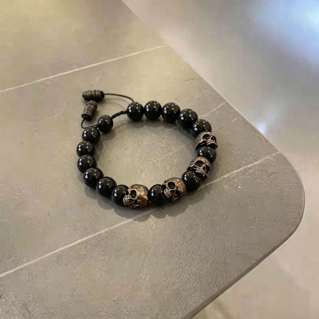 Vintage Skull Natural Stone Adjustable Braided Bracelet, Tiger Eye & Obsidian Dark Street Unisex Beaded Wrist Jewelry