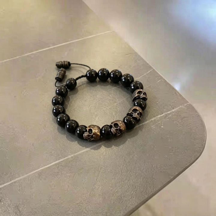 Vintage Skull Natural Stone Adjustable Braided Bracelet, Tiger Eye & Obsidian Dark Street Unisex Beaded Wrist Jewelry
