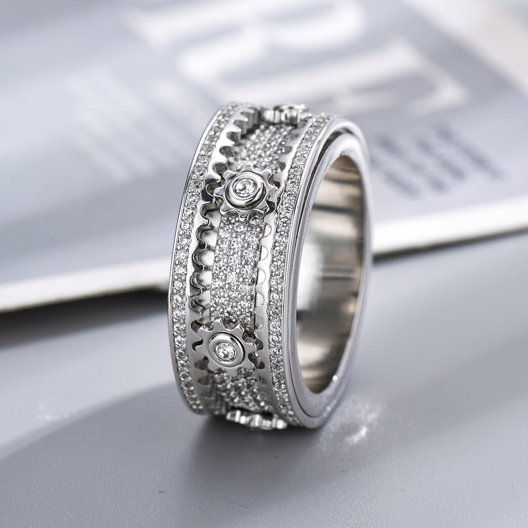 Sterling silver mechanical-style starry rotating gear ring