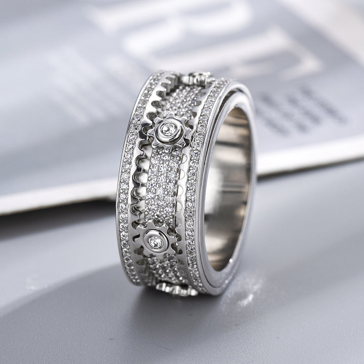 Sterling silver mechanical-style starry rotating gear ring