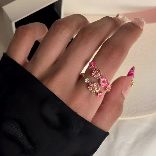 Gradient Enamel Blossom Branch Open Ring, Two-Tone Floral Adjustable Dainty Ring for Women
