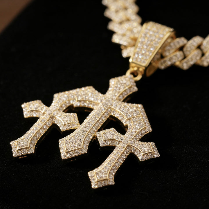 Iced Out Triple Cross Pendant Cuban Link Necklace, Hip Hop Heavy Diamond Chunky Chain Unisex Long Statement Necklace