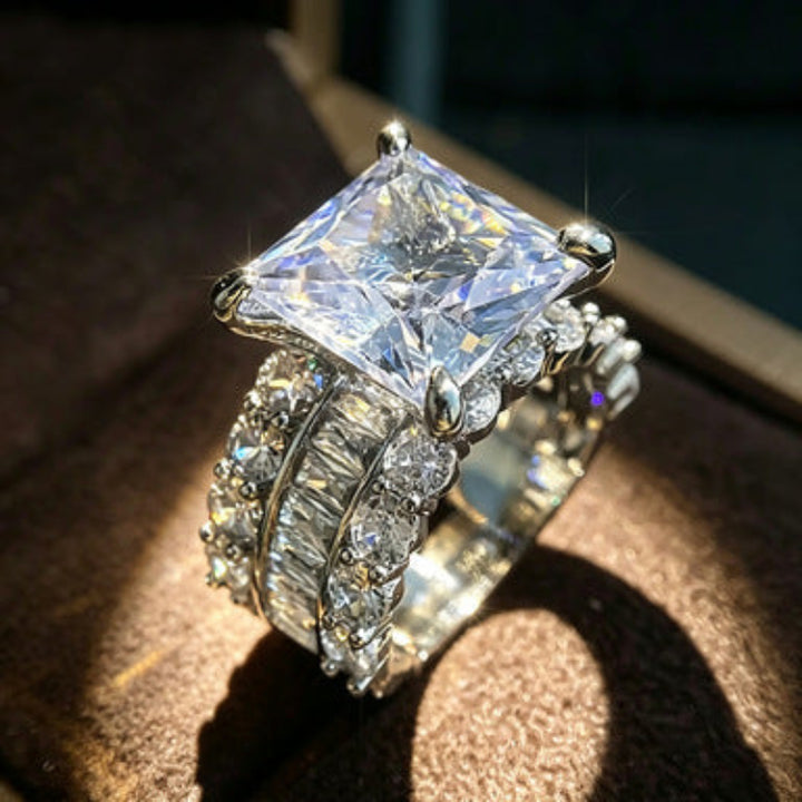 Princess‑Cut Centre Stone Triple‑Row Paved Ring For Women