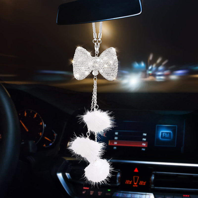 Sparkling Bow Car Hanging Ornament with Pink Fluffy Pom Charms
