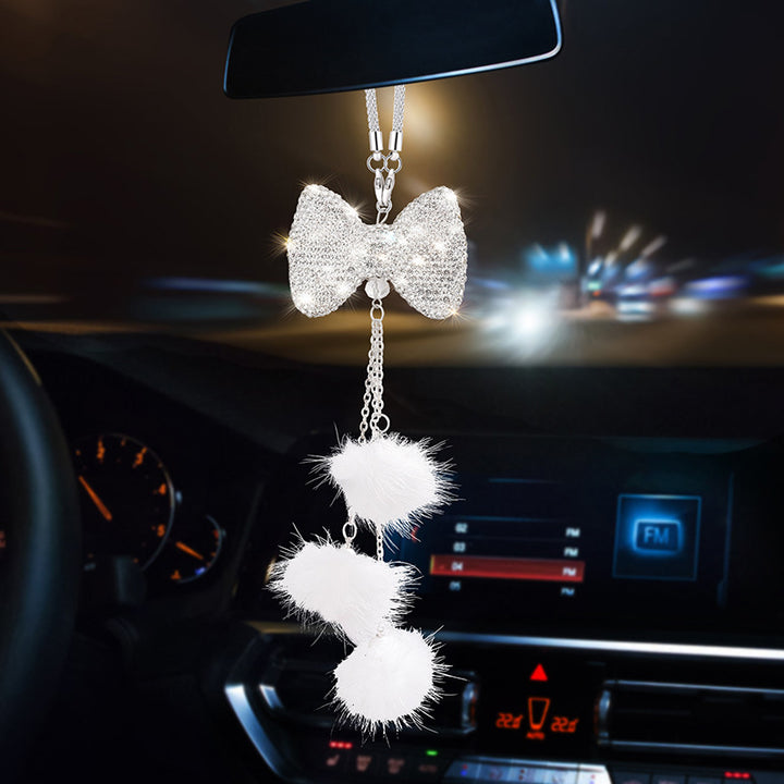 Sparkling Bow Car Hanging Ornament with Pink Fluffy Pom Charms