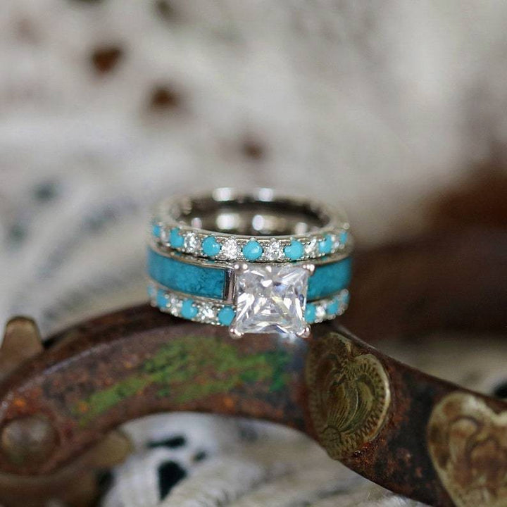 Princess Cut Diamond Turquoise 3-Piece Ring Set, Fresh Blue Stackable Rings, Luxury Women Stacking Band Set