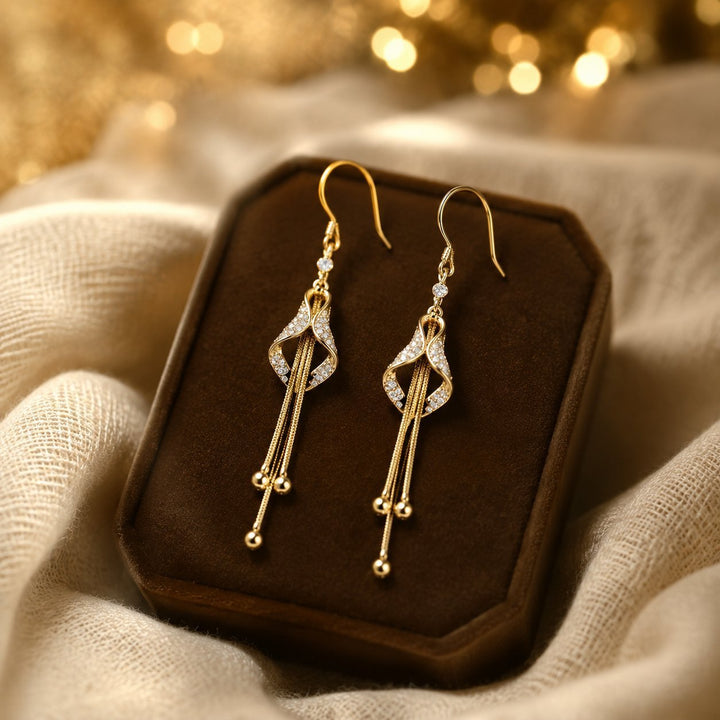 Gold Hollow‑Out Teardrop Diamond Long Tassel Hook Earrings for Women