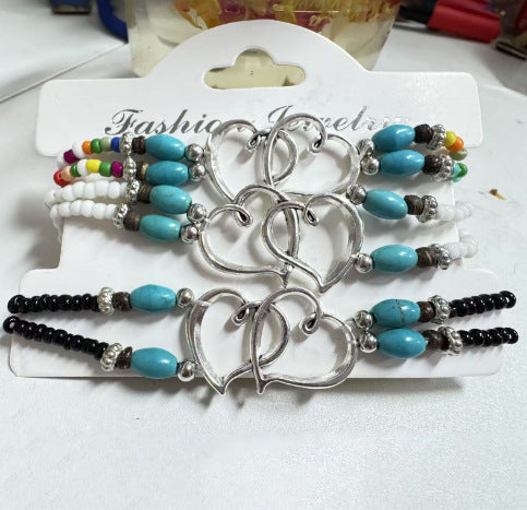 Boho Interlocked Double Heart Turquoise Beaded Anklet, Double Braided Rope Adjustable Summer Beach Foot Jewelry 3 Styles