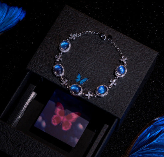 Vintage Sapphire Halo Pendant Snake Chain Necklace & Starry Blue Stone Cross Bracelet Set, Luxury Deep Blue Gem Jewelry Set
