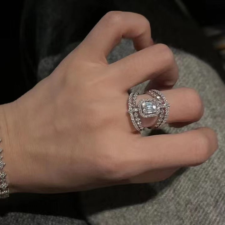Luxury Double Layer Square Diamond Tassel Ring, European Heavy Paved Geometric Hollow Elegant Ring for Women