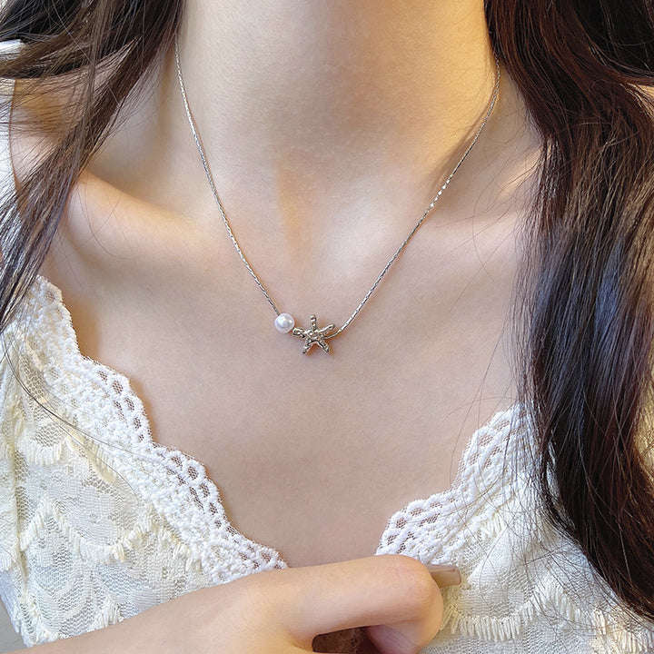 Starfish Pearl S925 Silver Necklace, Minimalist Ocean Style Starfish Pendant Choker, Fresh Versatile Ladies Necklace