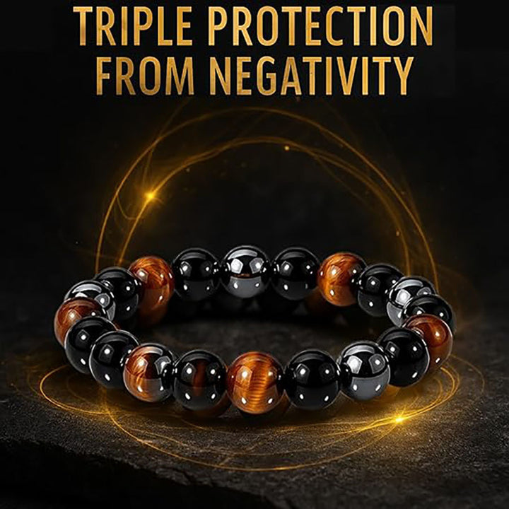 Obsidian Tiger's Eye Hematite Mixed Bead Bracelet, Men Multi‑Gemstone Single Strand Round Bead Bracelet, Unisex Vintage Jewelry