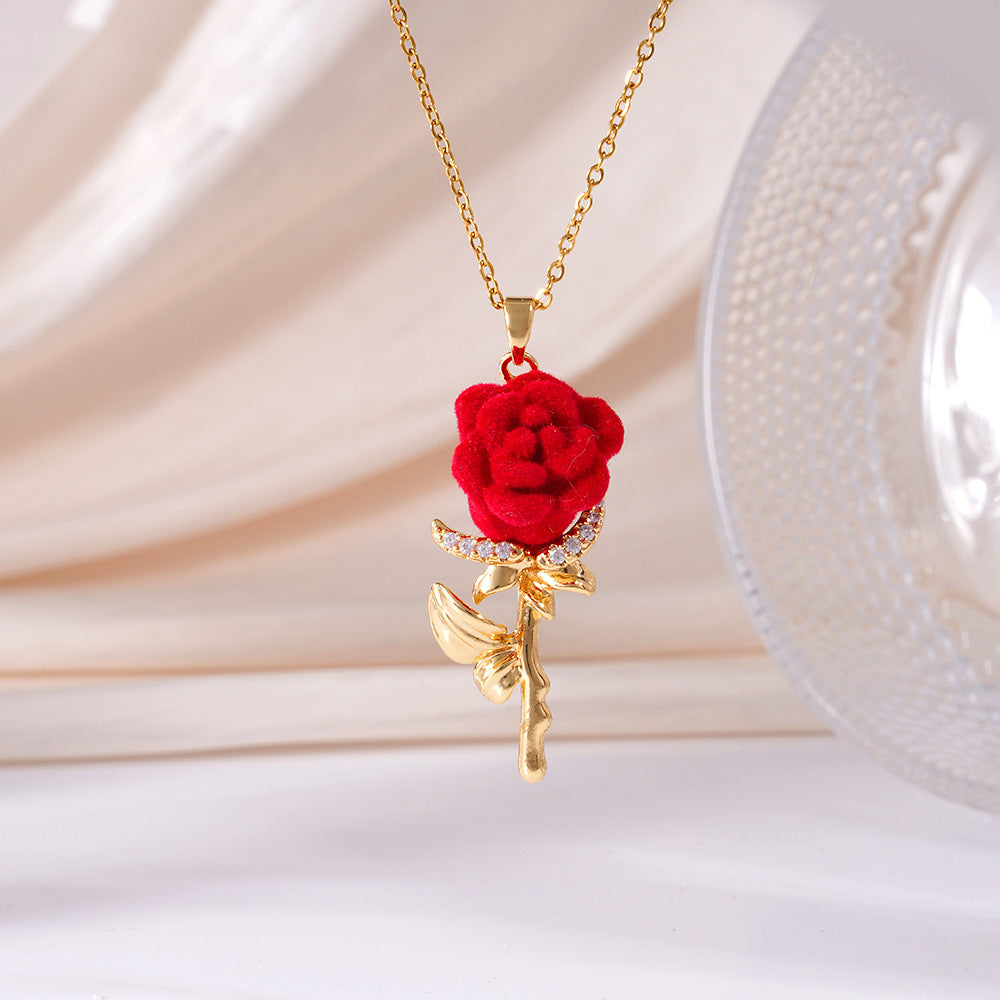 Velvet Red Rose Series Gold-Plated Collarbone Necklaces, 4 Styles Vintage Romantic Rose Pendant Thin Chains, Valentine’s Day Gift Jewelry