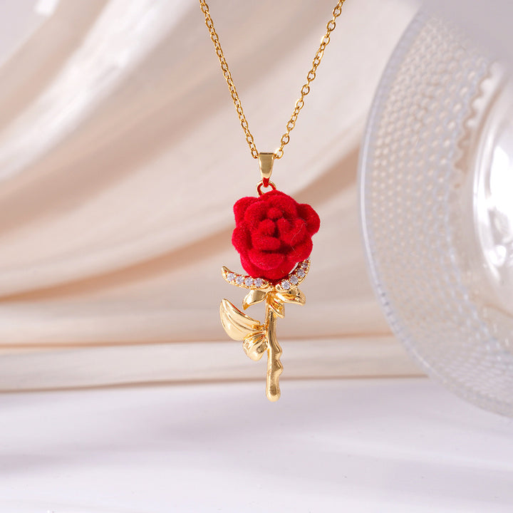 Velvet Red Rose Series Gold-Plated Collarbone Necklaces, 4 Styles Vintage Romantic Rose Pendant Thin Chains, Valentine’s Day Gift Jewelry