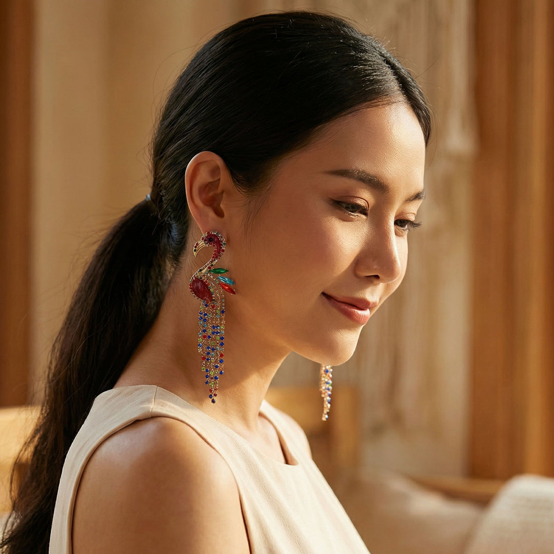 Heavy Craft Flamingo Paved Crystal Tassel Earrings, Color Enamel Mixed Rhinestone Long Bold Banquet Statement Jewelry Two Styles