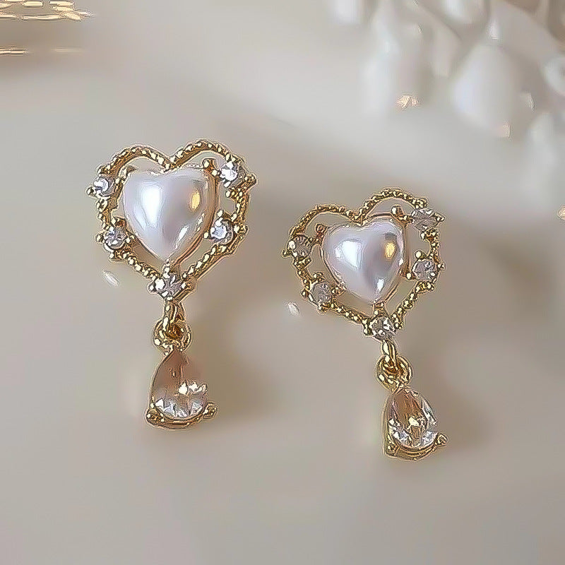 Hollow Heart Pearl Teardrop Diamond S925 Silver Stud Earrings, Vintage Sweet Heart Dangle Earrings