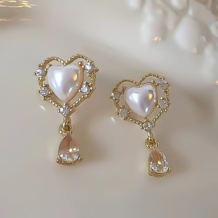 Hollow Heart Pearl Teardrop Diamond S925 Silver Stud Earrings, Vintage Sweet Heart Dangle Earrings