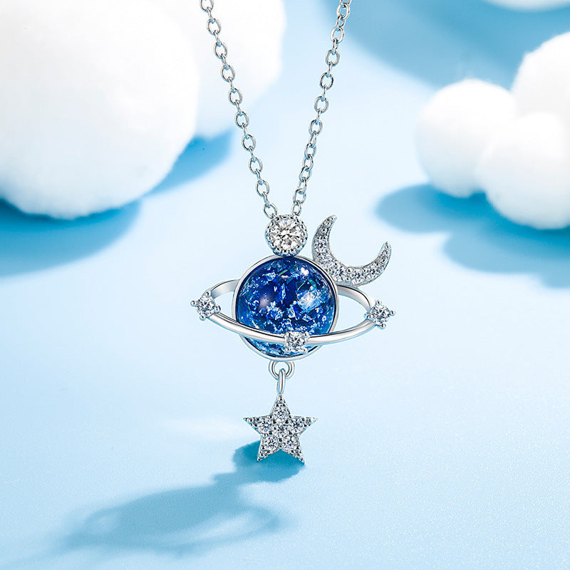 Moon Star Planet Blue Glitter Resin Necklace, Luxury Paved Diamond Starry Sky Dainty Clavicle Necklace for Women