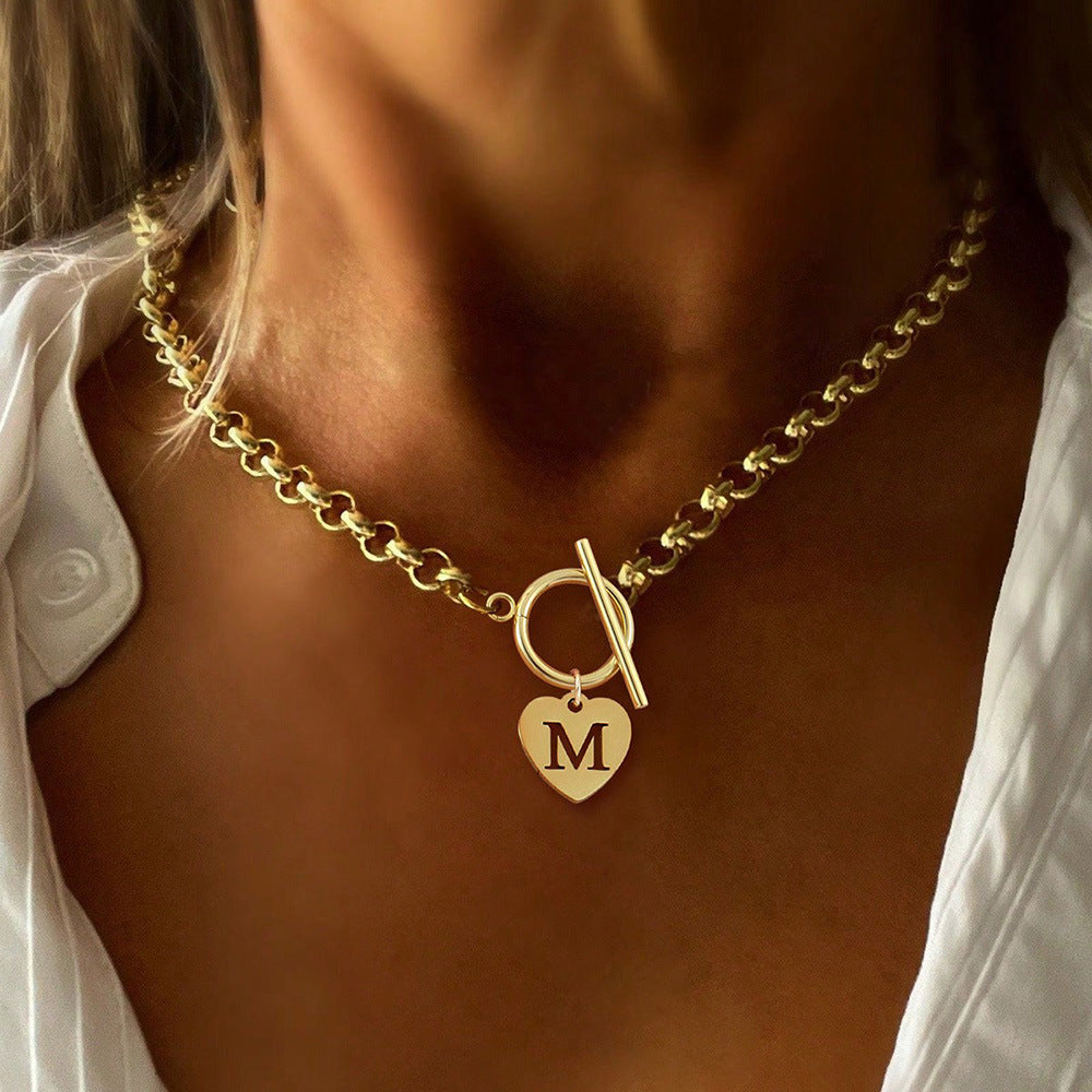 Stainless Steel Alphabet Necklace with Heart Pendant & Clasp Choker