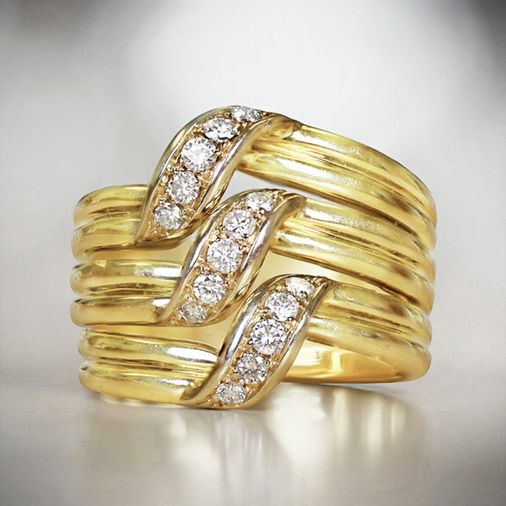 Multi-Layer Wave Diamond Wide Band Ring, European Heavy-Duty Streamlined Textured S925 Silver Ring for Women