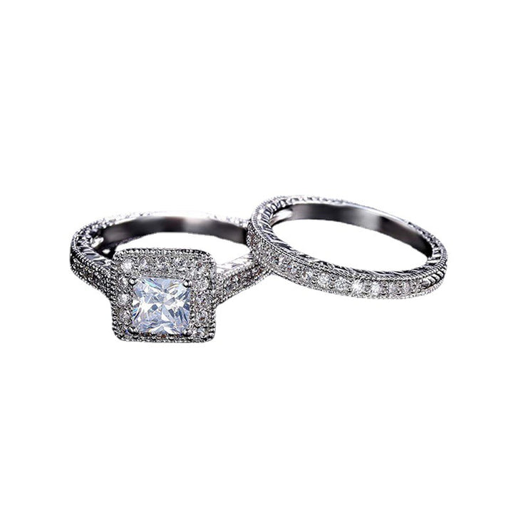 Silver-Plated Square Zircon Couple Rings – Fashion Luxury Set