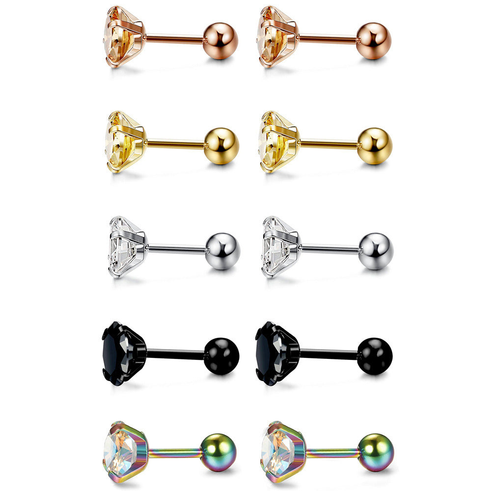 4-Prong Round Diamond Threaded Stud Earrings, Multi-color S925 Silver Cartilage Piercing Jewelry