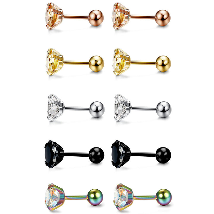 4-Prong Round Diamond Threaded Stud Earrings, Multi-color S925 Silver Cartilage Piercing Jewelry