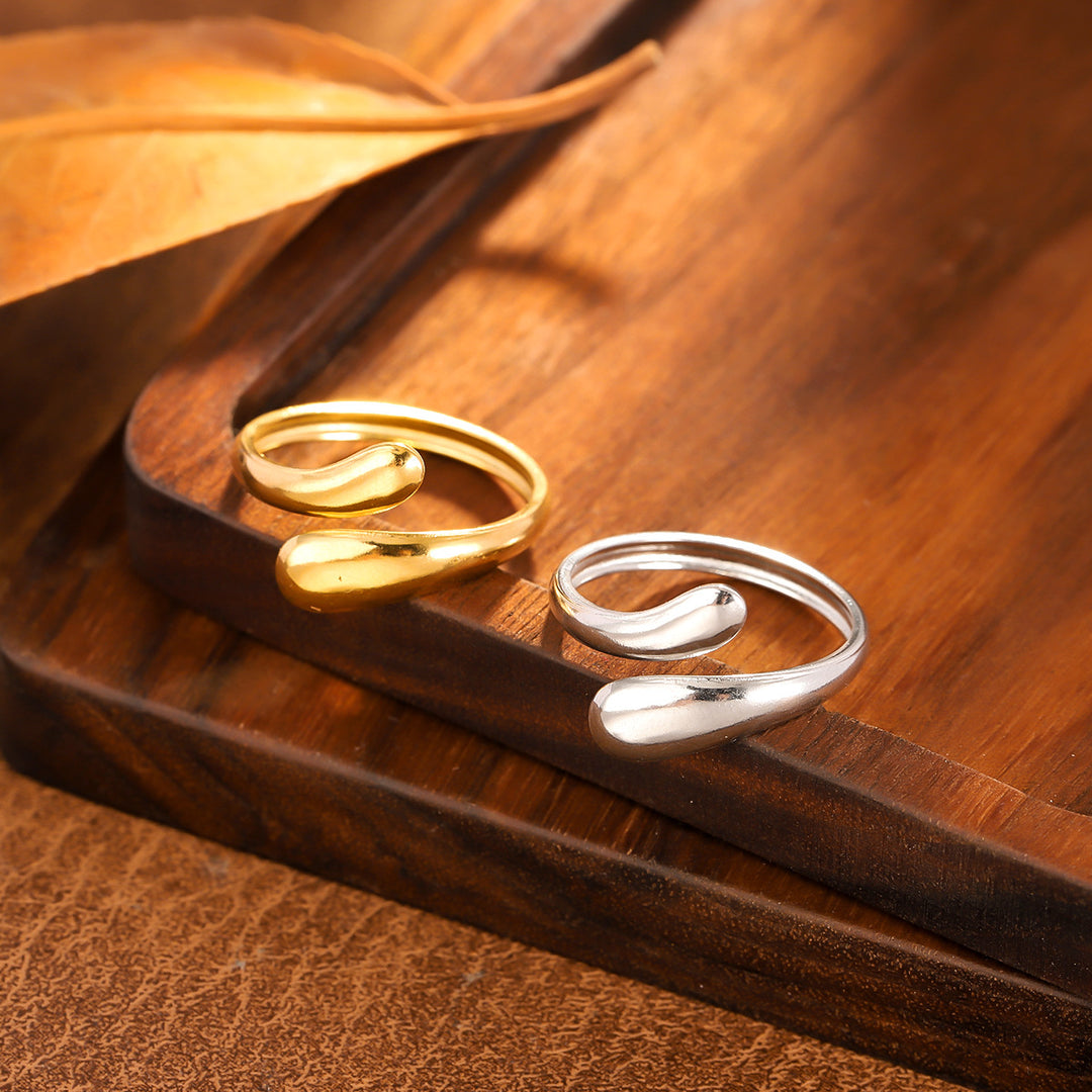 Minimal Double Teardrop Open Silver Ring, Gold & Silver Premium Irregular Adjustable Band