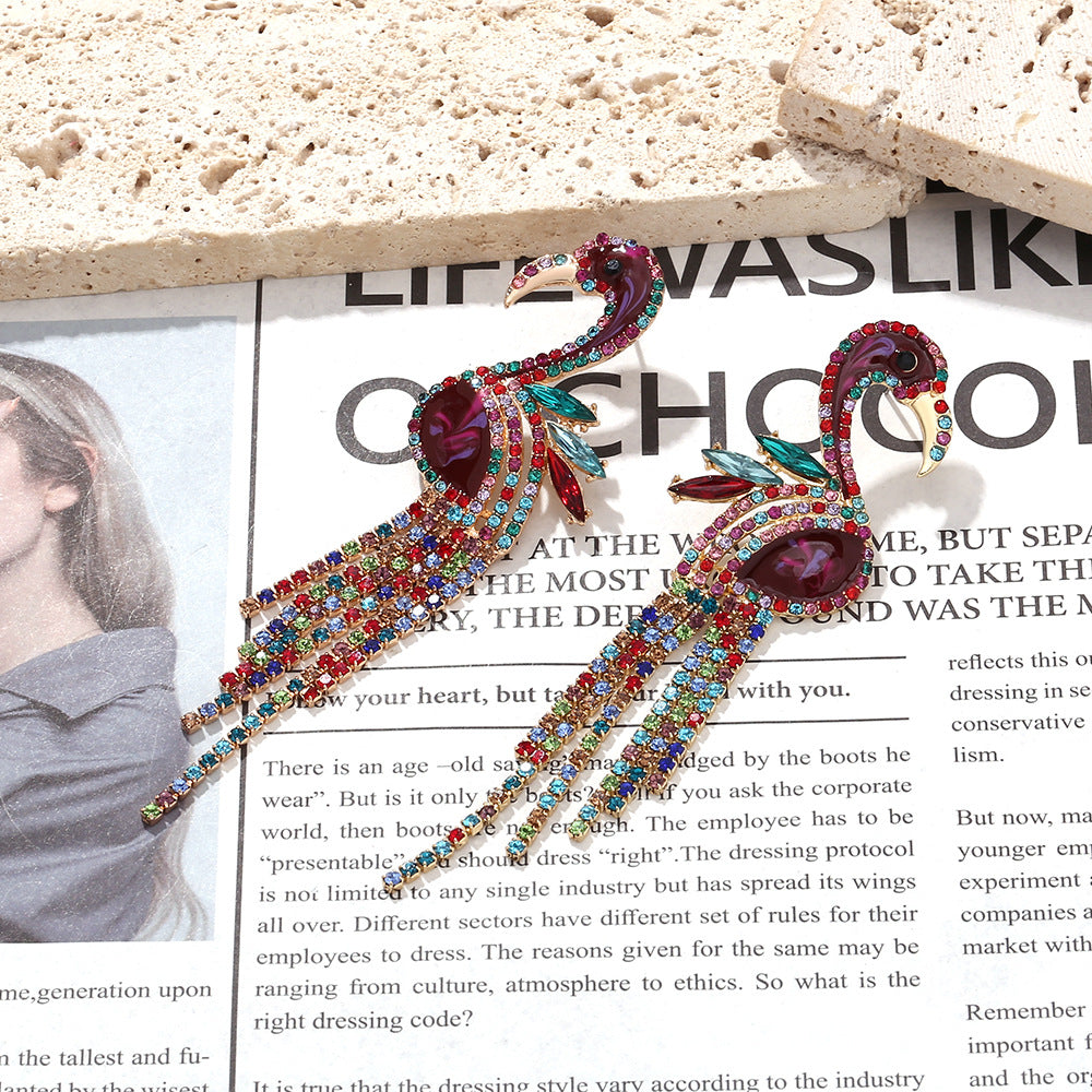 Heavy Craft Flamingo Paved Crystal Tassel Earrings, Color Enamel Mixed Rhinestone Long Bold Banquet Statement Jewelry Two Styles