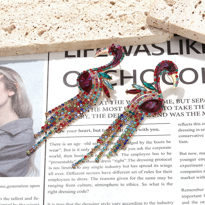 Heavy Craft Flamingo Paved Crystal Tassel Earrings, Color Enamel Mixed Rhinestone Long Bold Banquet Statement Jewelry Two Styles