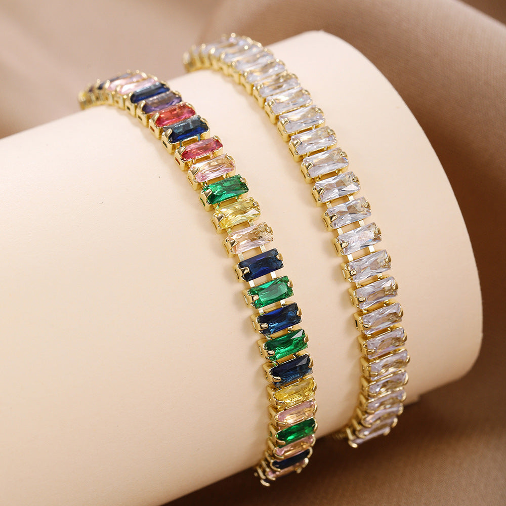 Baguette Cut Thin Tennis Bracelet, Gold & Silver / Rainbow Multi-Color Diamond Dainty Stackable Wrist Band