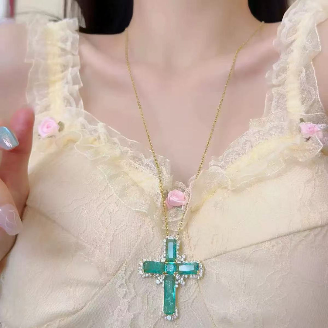 Colored Gem Cross 18K Gold Necklace