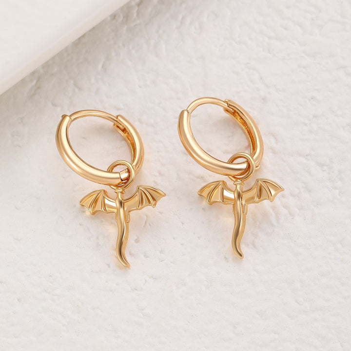 Flying Dragon Charm Hoop Earrings, Dragon Wing Huggie Hoops, Gold & Silver Gothic Punk Earrings